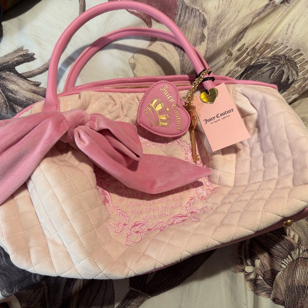 Juicy Couture Pink Quilted Velvet Tote with Bow & Gold Charm